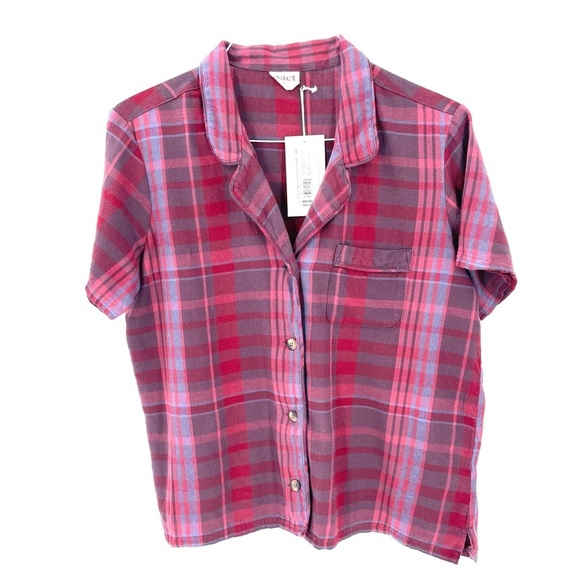 Pact Eggplant Plaid Flannel short sleeve Top 100% soft organic cotton NWT - Picture 1 of 7